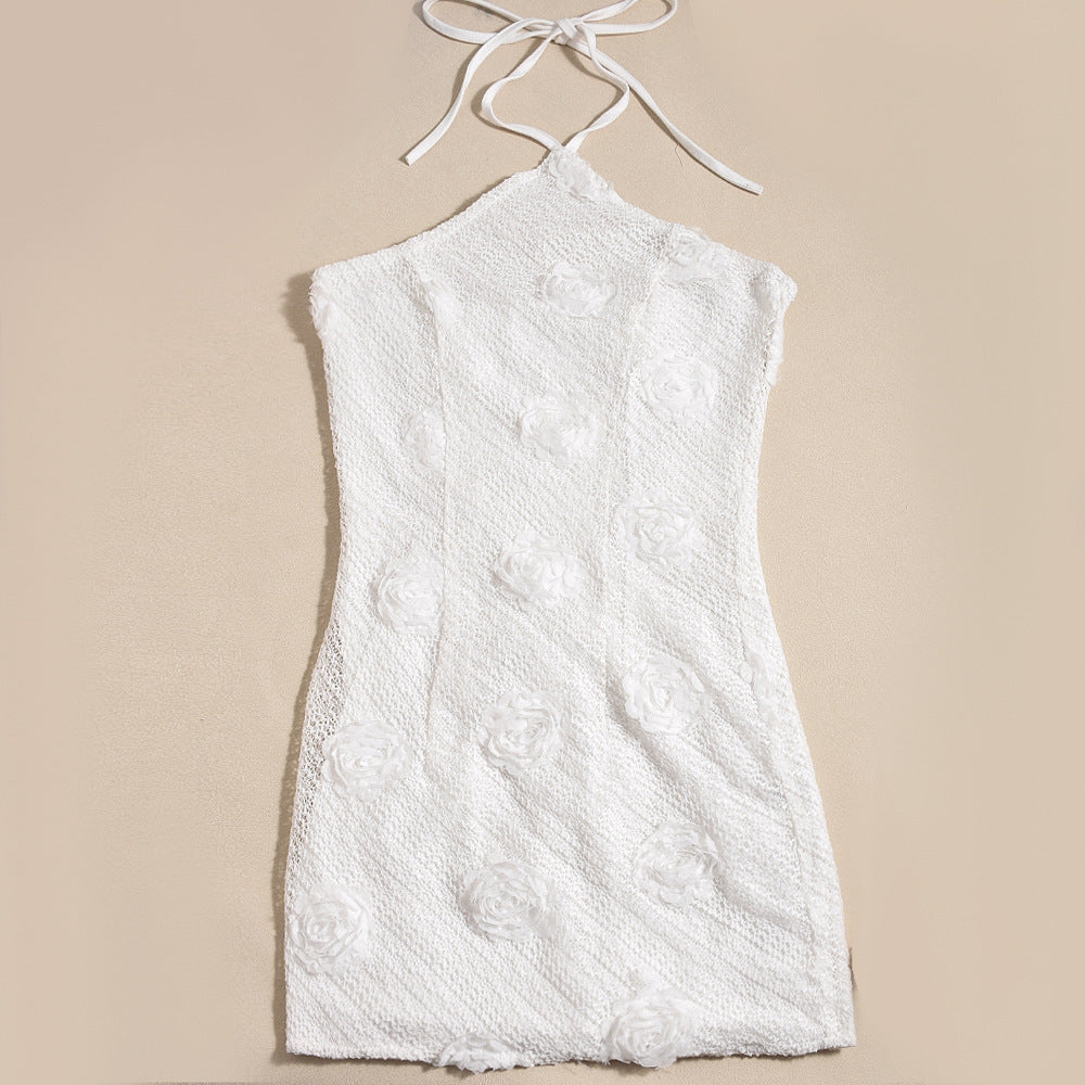 White Halter Backless Midi Dress with Floral Detail