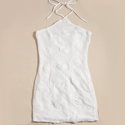 White Halter Backless Midi Dress with Floral Detail