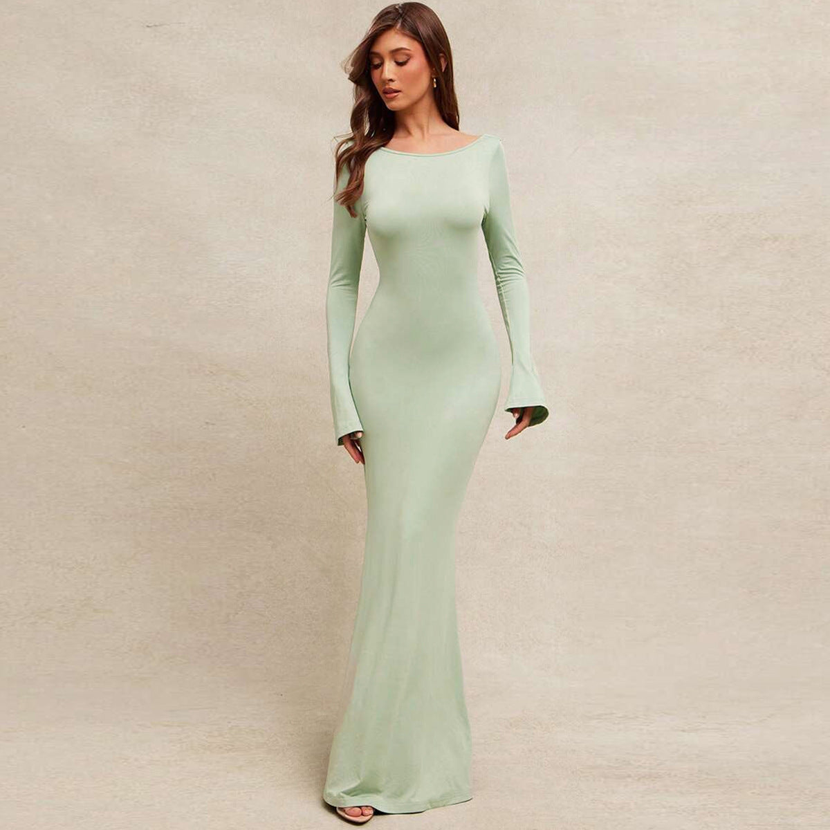 Backless Long Sleeve Mermaid Maxi Dress for Women - Light green
