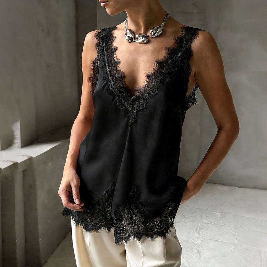 Women's Lace Sleeveless Top – Slim Fit Summer T-Shirt - Black