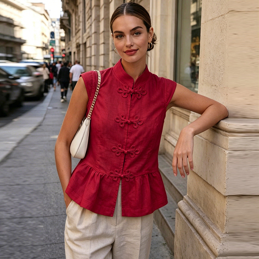 Women's Cotton Linen Mandarin Collar Vest – Ruffled Button Top - Khaki