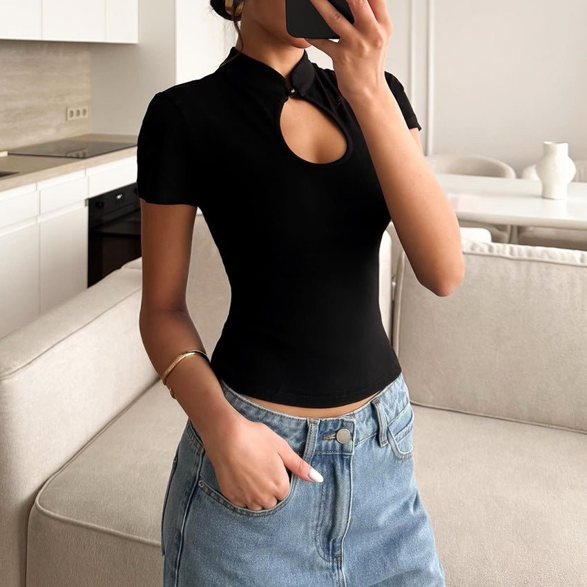 Women's Hollow Stand Collar Short Sleeve Top – Slim Summer T-Shirt - Brown