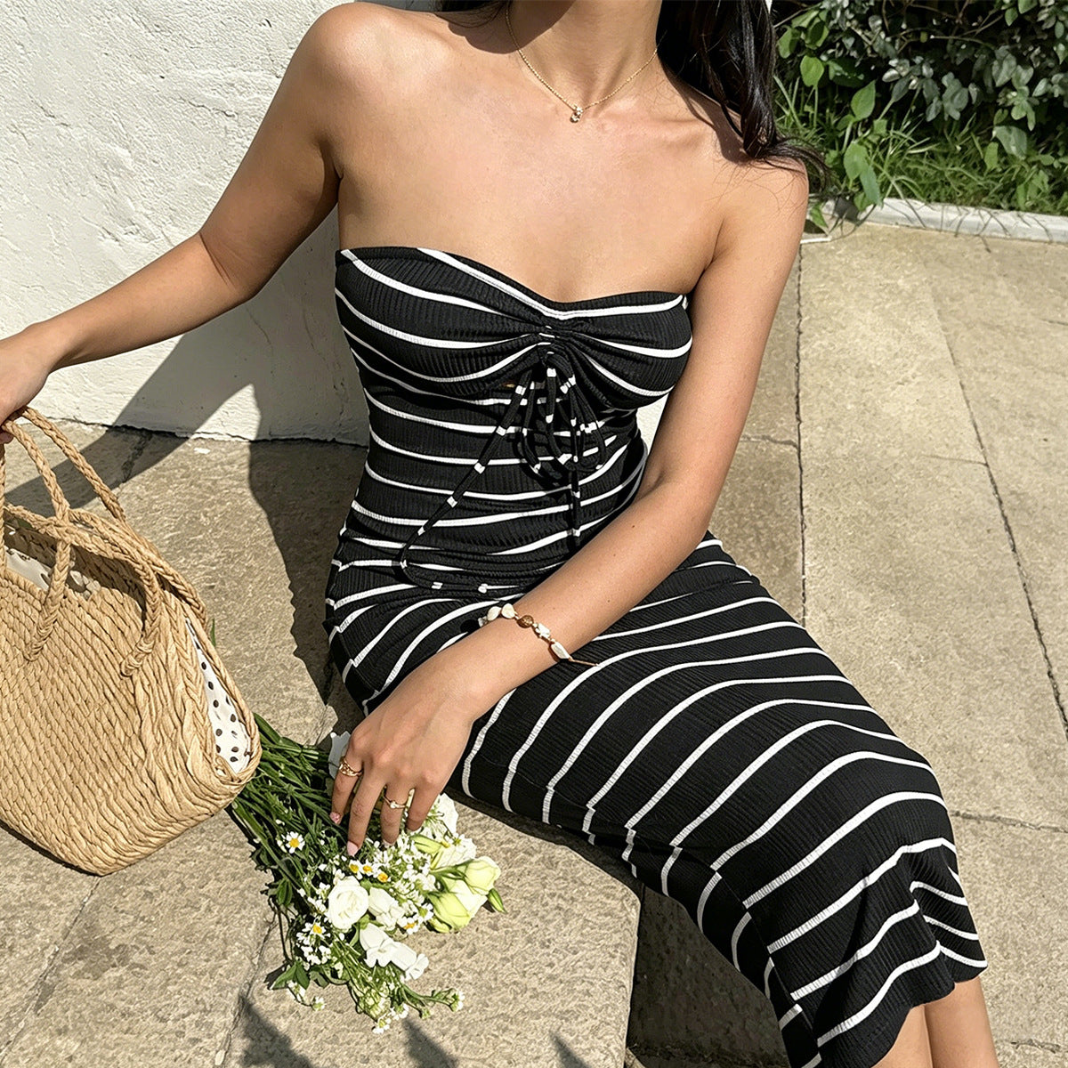 Striped Strapless Bodycon Mini Dress for Women - Black and white stripes