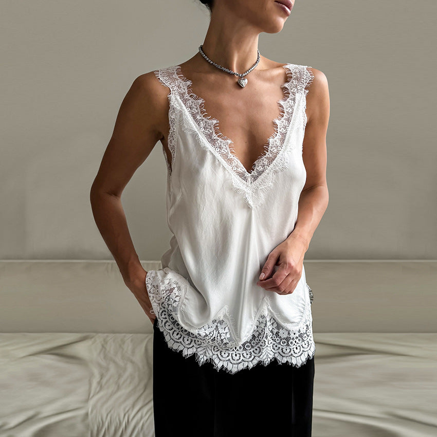 Women's Lace Sleeveless Top – Slim Fit Summer T-Shirt - White
