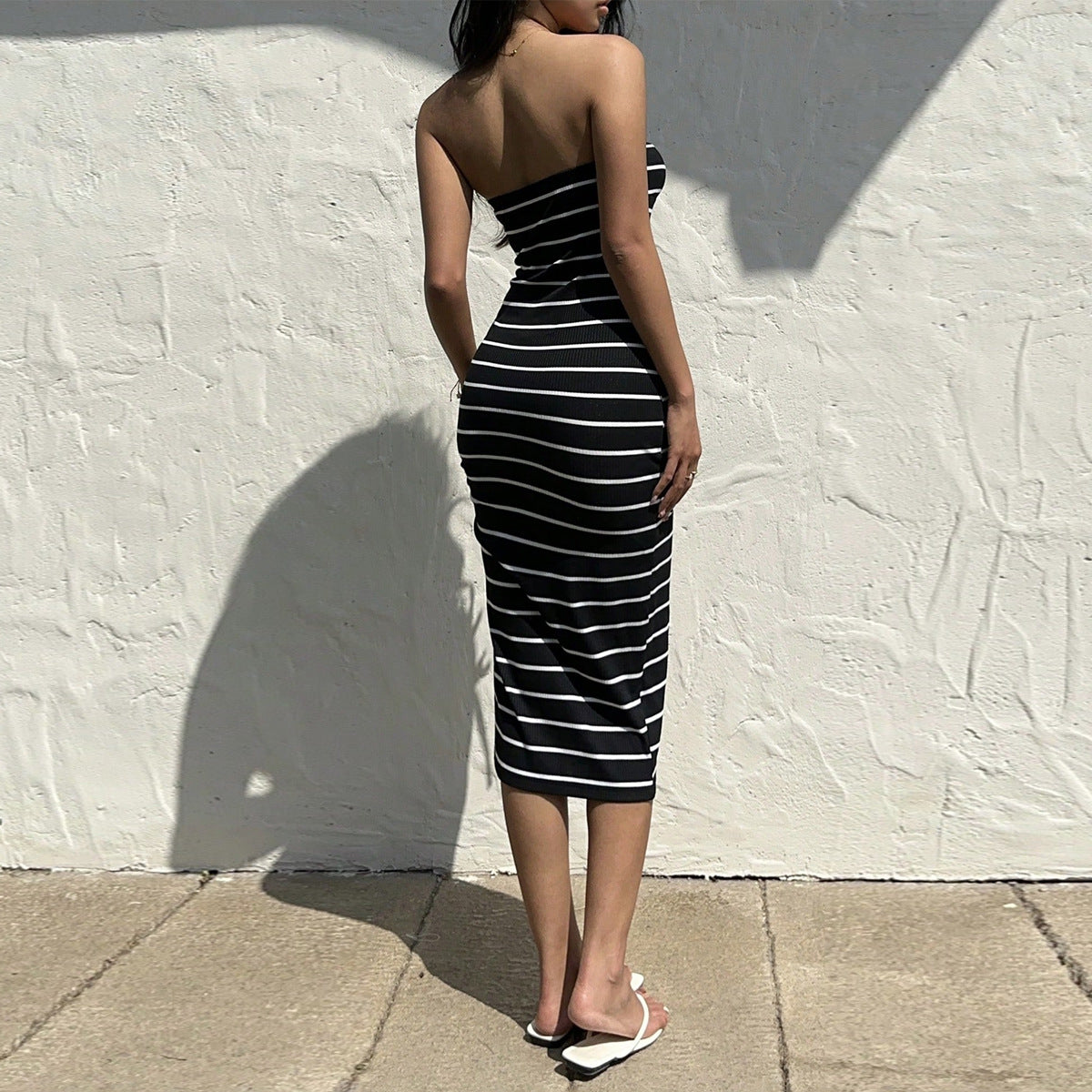 Striped Strapless Bodycon Mini Dress for Women - Black and white stripes