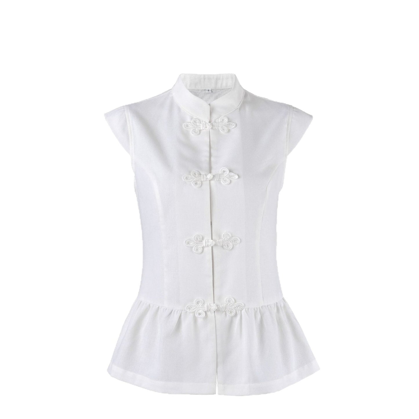 Women's Cotton Linen Mandarin Collar Vest – Ruffled Button Top - Red