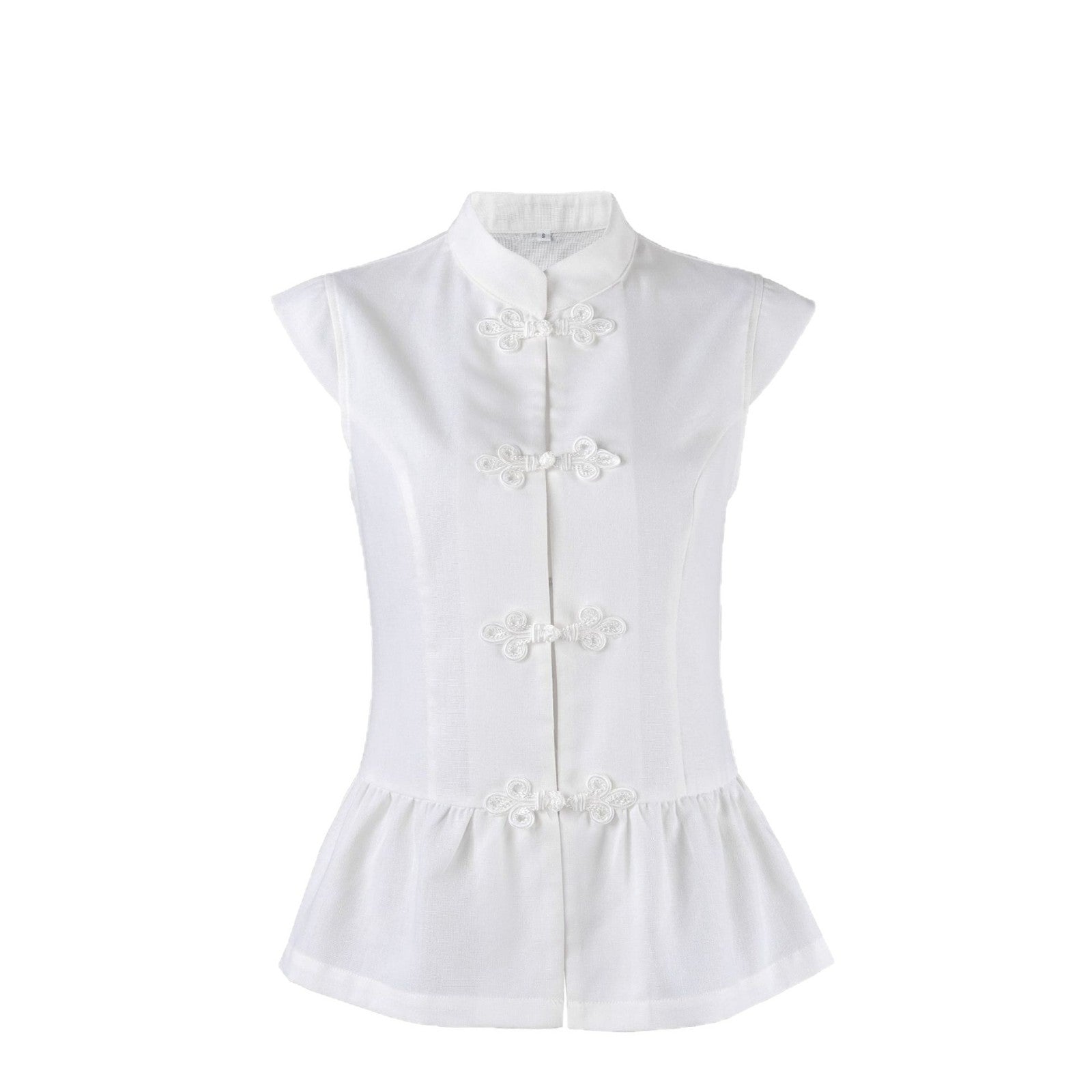 Women's Cotton Linen Mandarin Collar Vest – Ruffled Button Top - Red