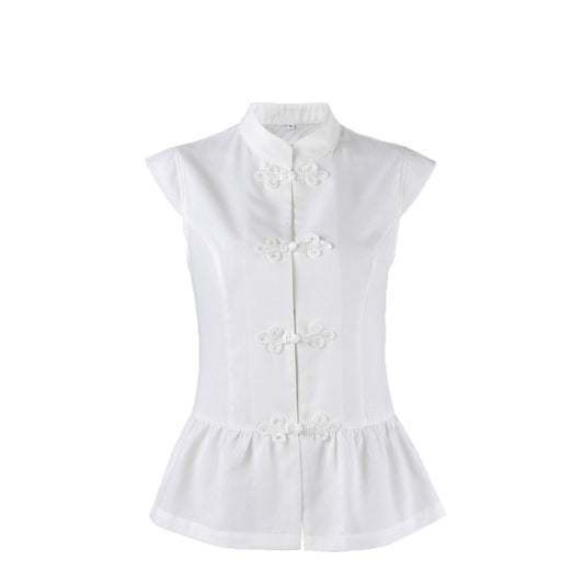 Women's Cotton Linen Mandarin Collar Vest – Ruffled Button Top - Red