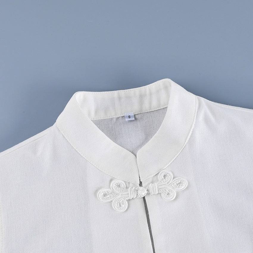 Women's Cotton Linen Mandarin Collar Vest – Ruffled Button Top - White