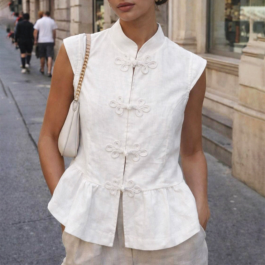 Women's Cotton Linen Mandarin Collar Vest – Ruffled Button Top - Blue