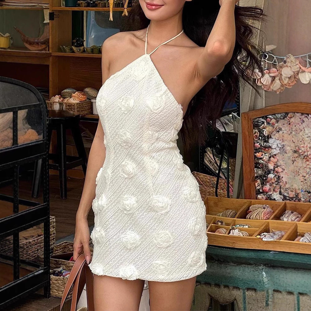 White Halter Backless Midi Dress with Floral Detail - White