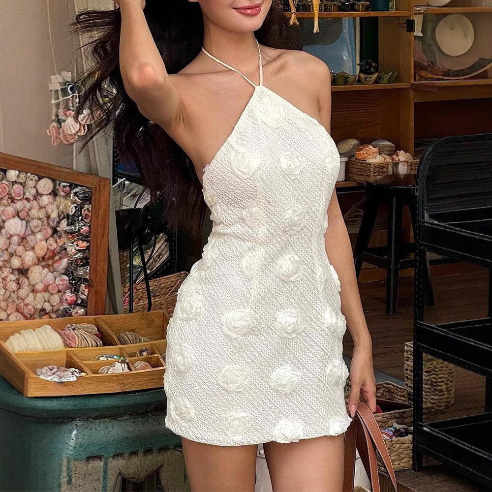 White Halter Backless Midi Dress with Floral Detail - White