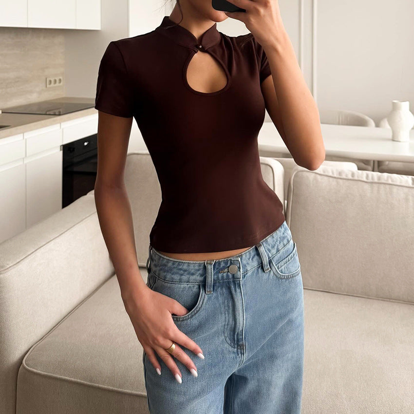 Women's Hollow Stand Collar Short Sleeve Top – Slim Summer T-Shirt - Brown